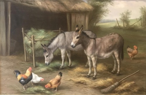 Image black and white donkey and white and brown horse painting