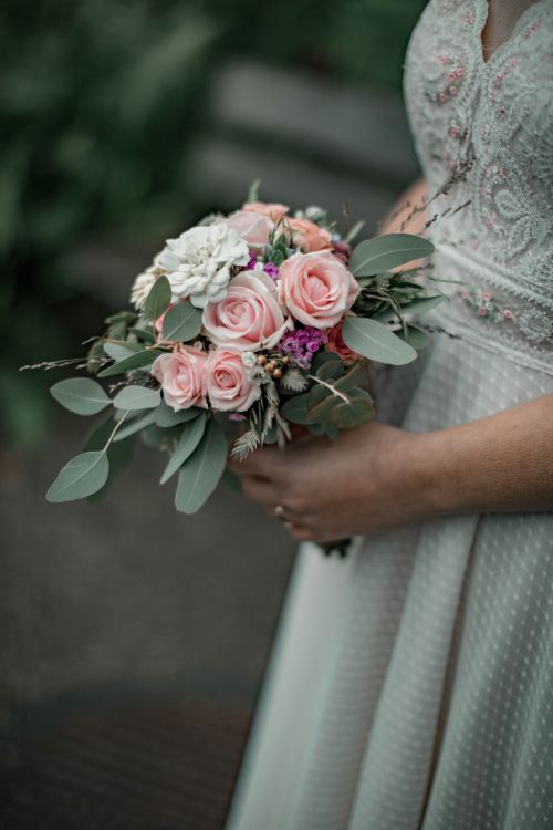 wedding dress, flower bouquet, dress, wedding, flower