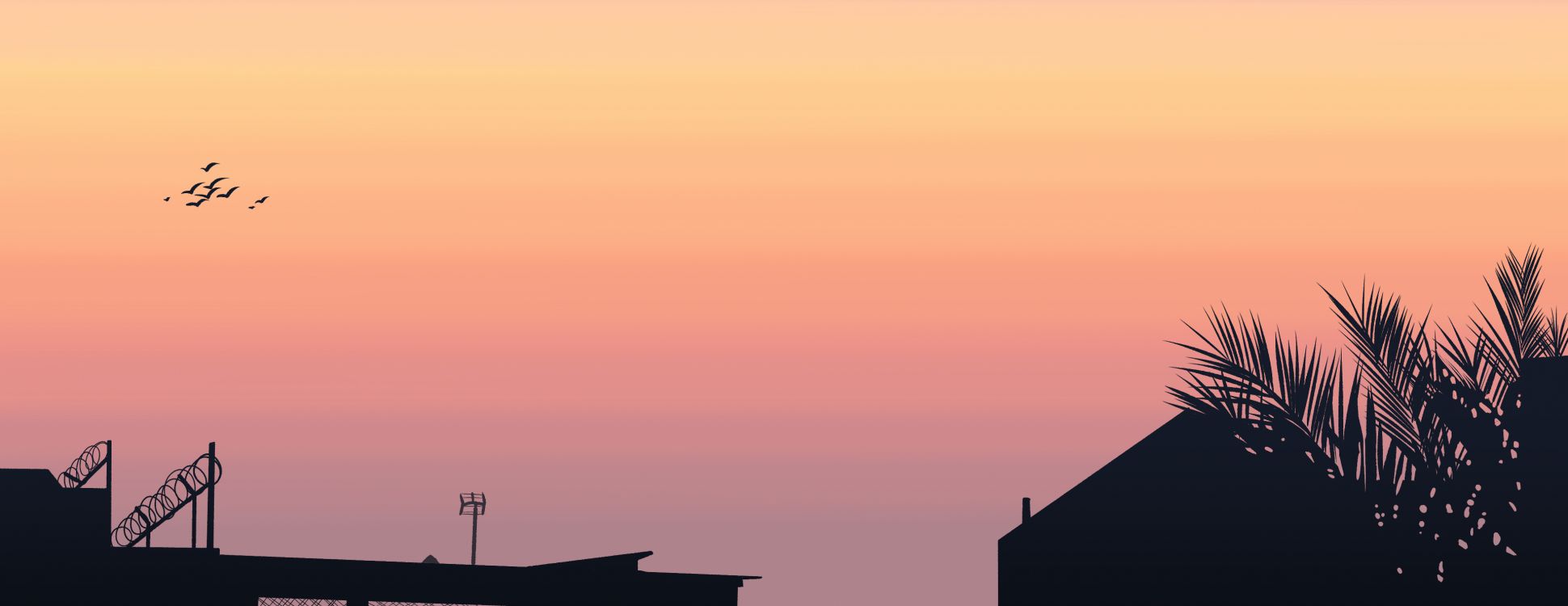 屋顶, 橙色, 日落, 琥珀色, 晚上 壁纸 3840x1484 允许