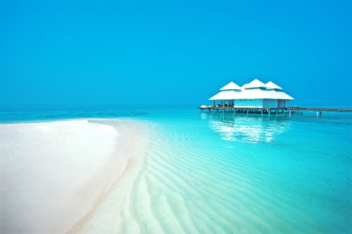 Image white and brown beach house on beach during daytime