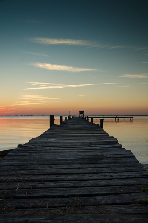 sunset, pier, dock, horizon, water