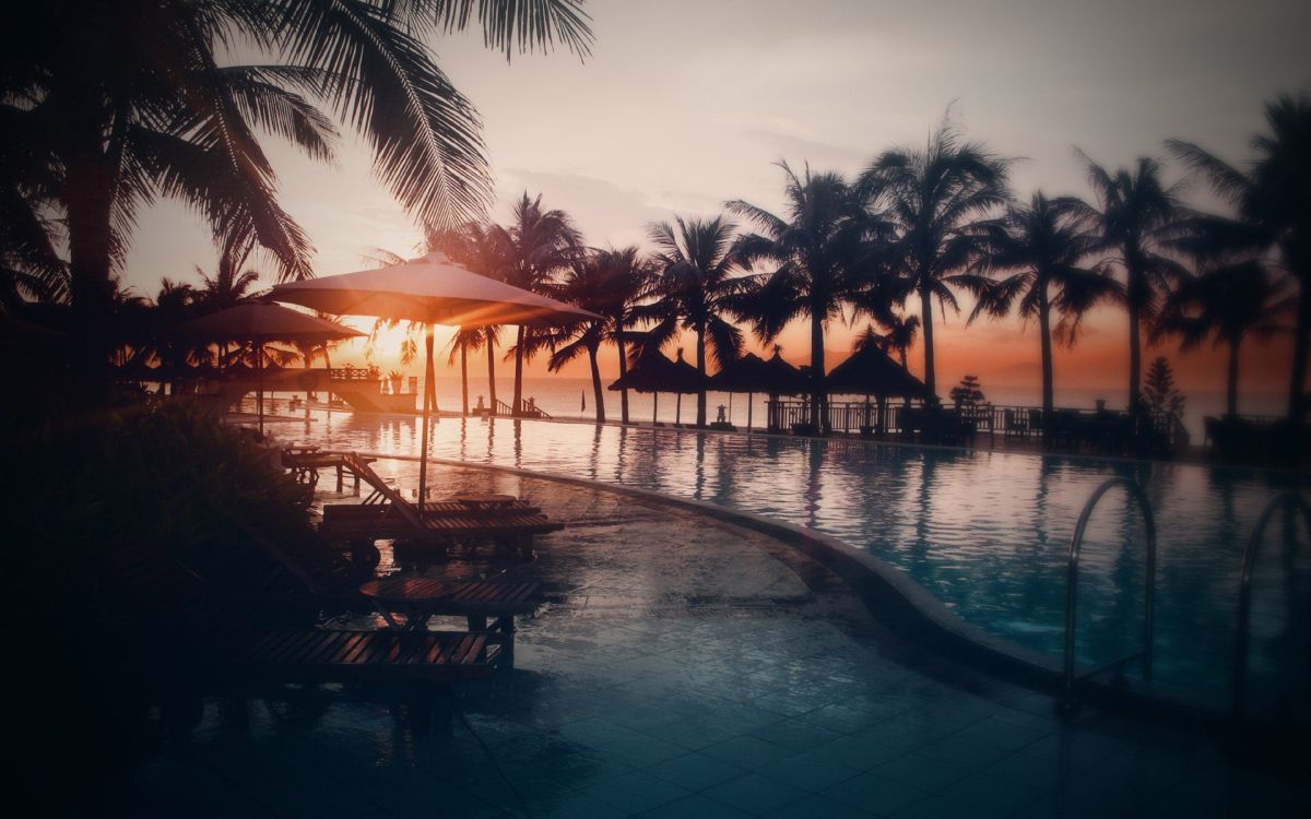 反射, 晚上, 日落, 热带地区, 度假村 壁纸 3840x2400 允许