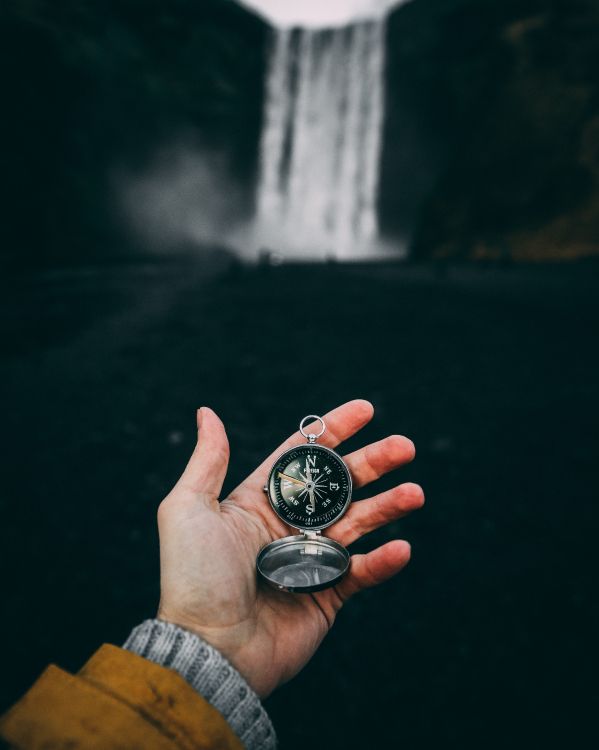 person holding silver round analog watch