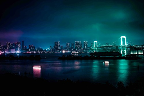 Image bridge over water near city skyline during night time