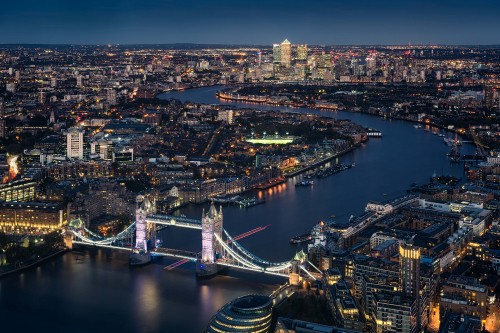 Image aerial view of city buildings during night time