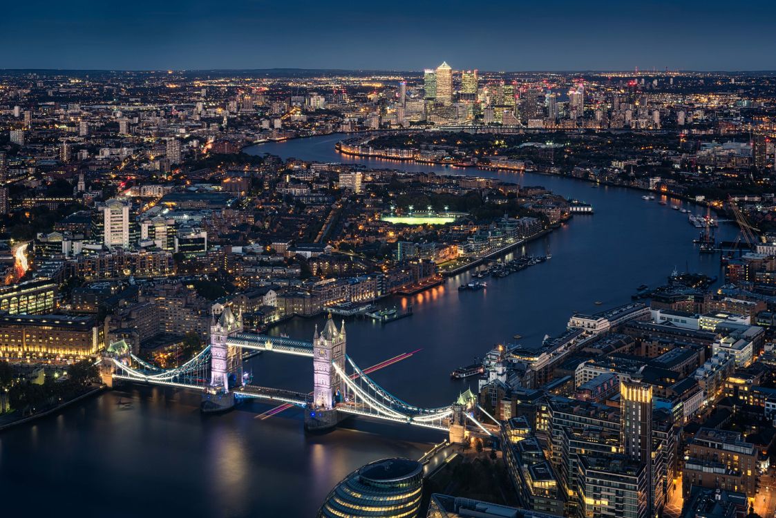 aerial view of city buildings during night time