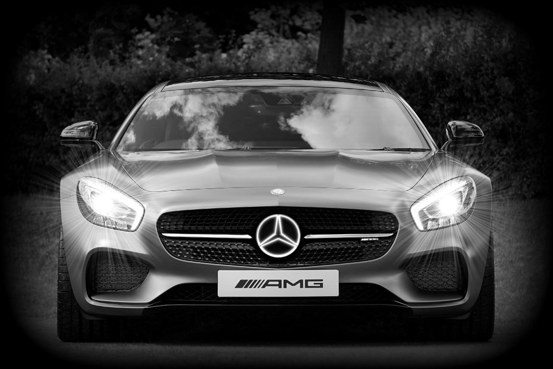 grayscale photo of mercedes benz car