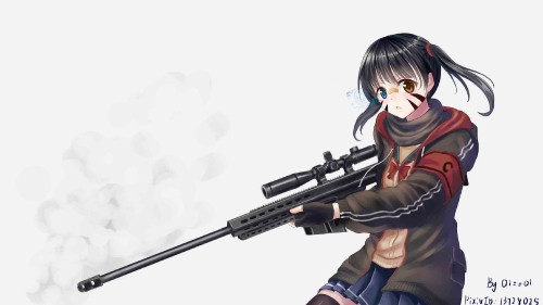 Image blue haired female anime character holding rifle