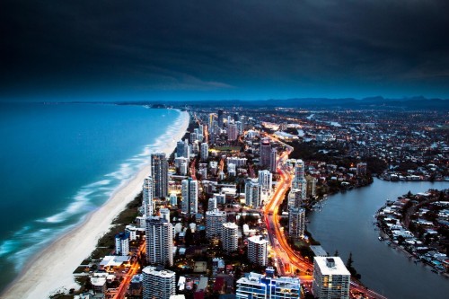 Image aerial view of city buildings during night time