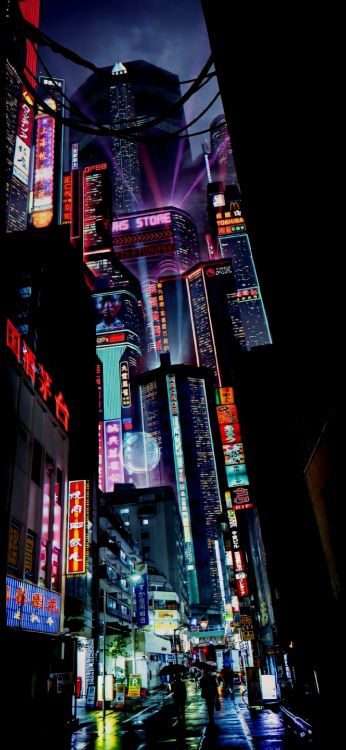 Cyberpunk, Arte, Edificio, Luz, Torre de Bloques. Wallpaper in 1080x2340 Resolution