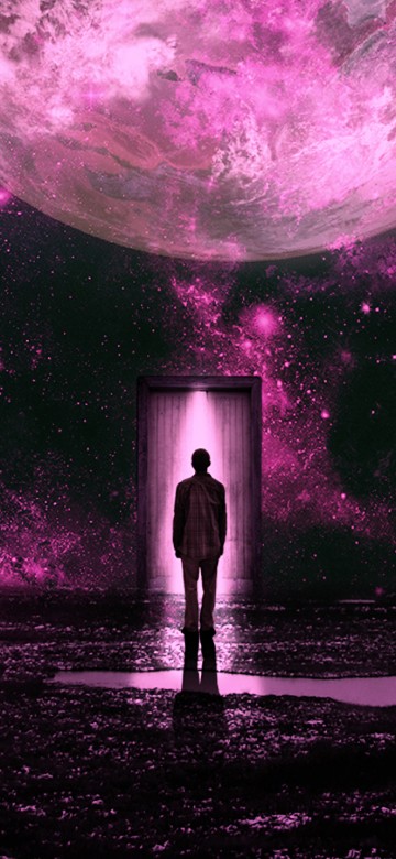 Image silhouette of person standing under purple sky