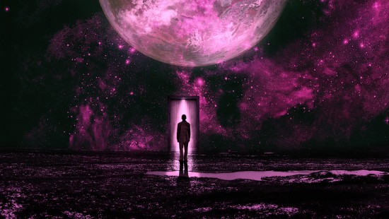 Image silhouette of person standing under purple sky