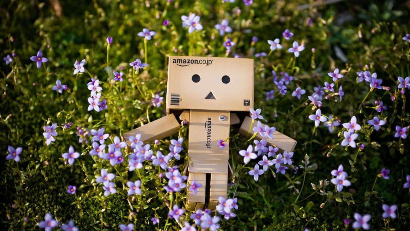 brown cardboard box on purple flowers