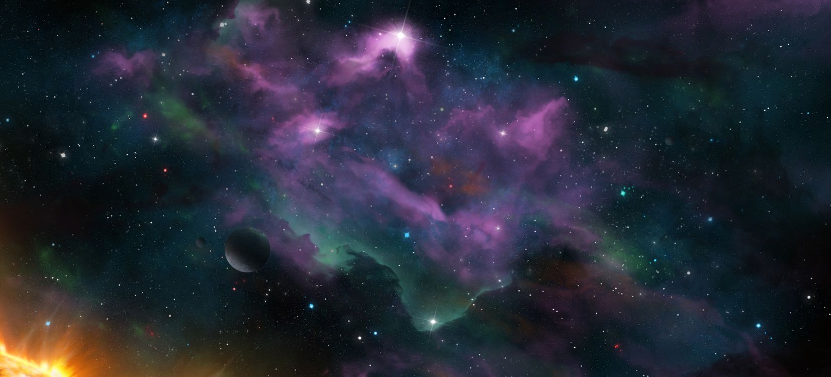 Ilustración de Galaxia Púrpura y Negra. Wallpaper in 7680x3484 Resolution