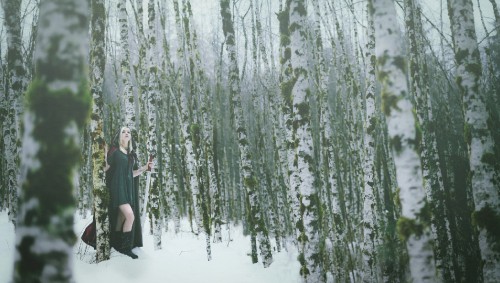 Image woman in black dress standing on snow covered ground near green trees during daytime