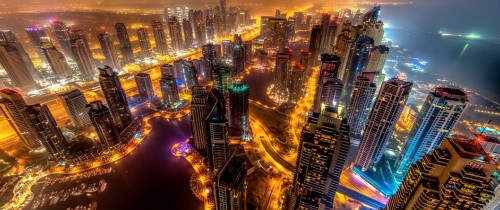 Image aerial view of city buildings during night time