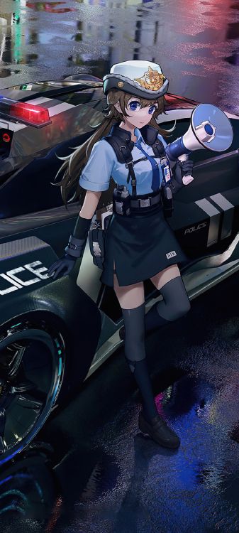 Anime Mädchen Polizeiauto, Car, Polizeiauto, Zeichentrickfilm, Cartoon. Wallpaper in 1080x2400 Resolution