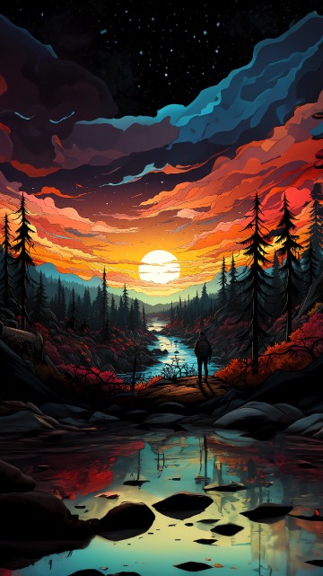 Image afterglow, sunset, landscape, painting, nature