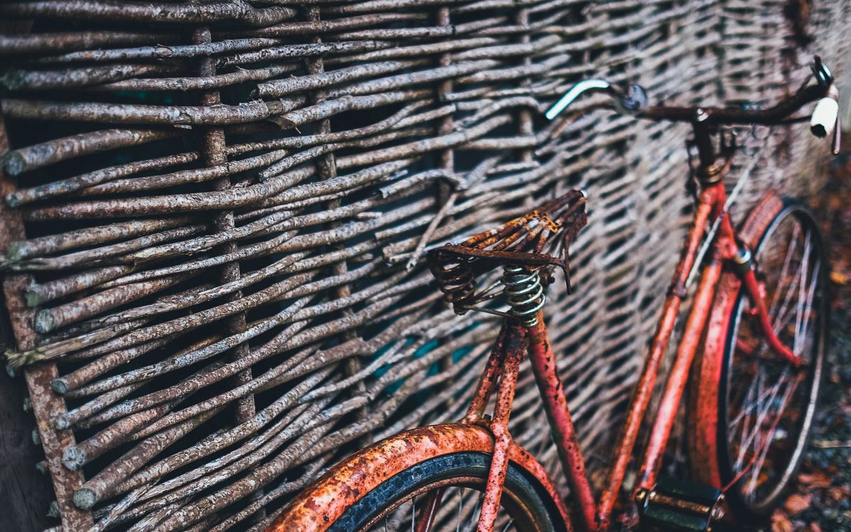 orange bicycle on black metal fence