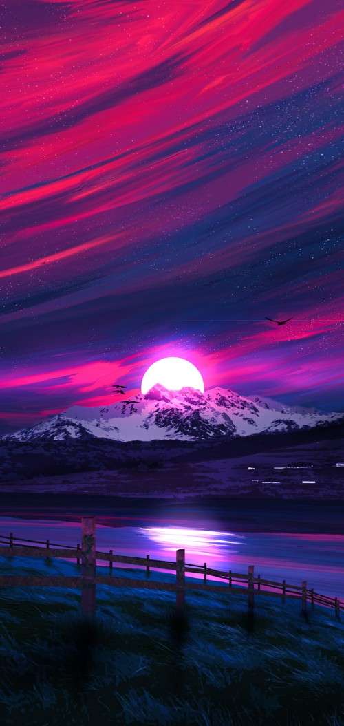 Image neon landscape, landscape painting, landscape, art, sunset