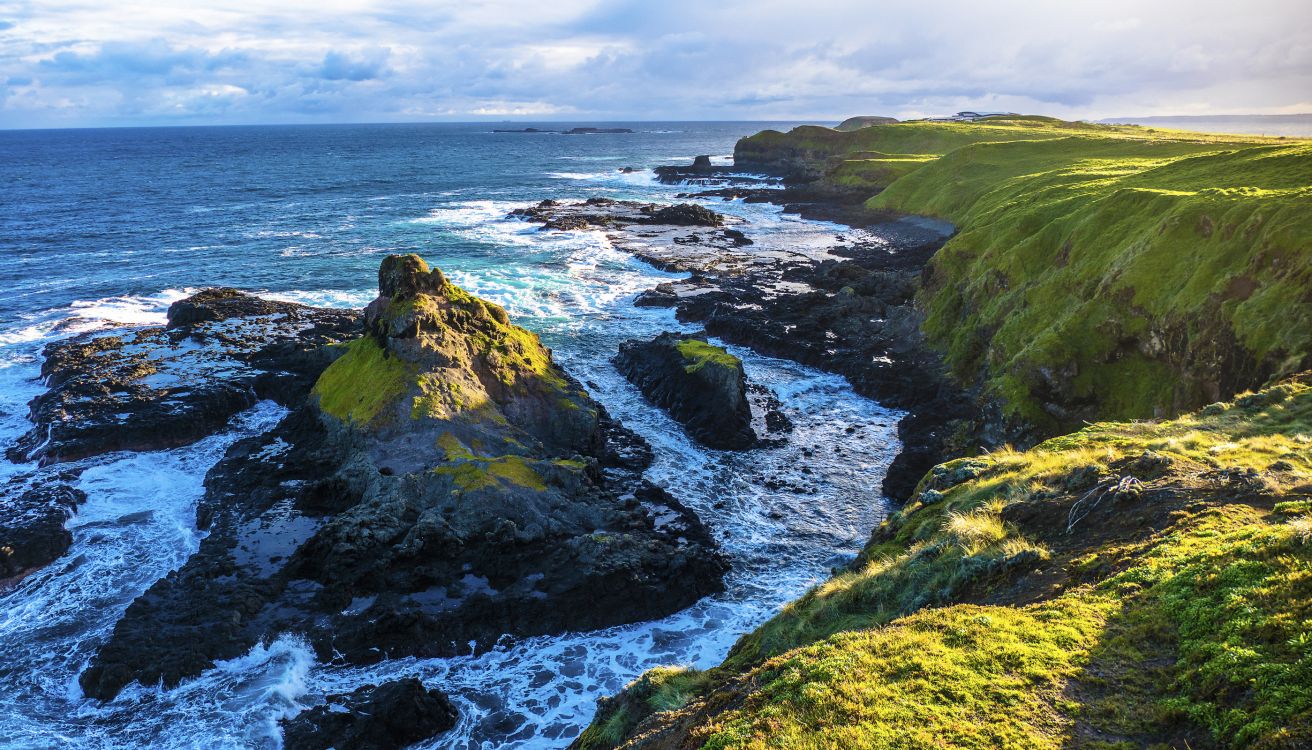 Tagsüber Grüne Und Braune Felsformation Auf Dem Meer Sea. Wallpaper in 2800x1600 Resolution