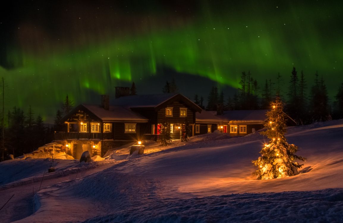 brown wooden house under green sky