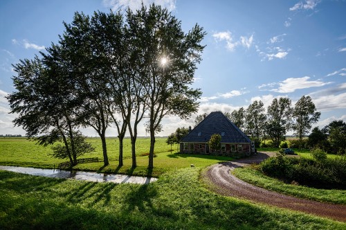 Image brown wooden house near green trees under blue sky during daytime