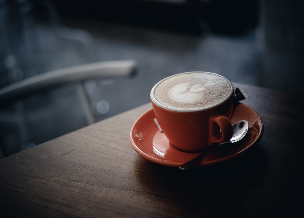 Red Ceramic Mug With Coffee on Orange Saucer. Wallpaper in 4516x3238 Resolution