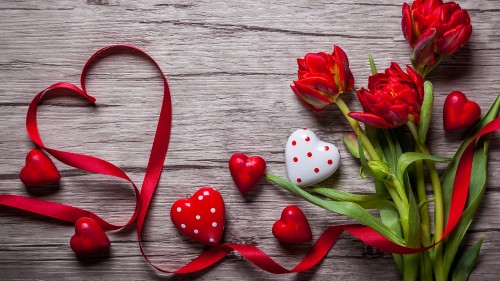 Image red tulips on brown wooden surface