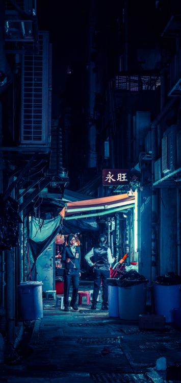 Callejón Cyberpunk Gratis, Cyberpunk 2077, Cyberpunk, Azul, Edificio. Wallpaper in 1420x3000 Resolution