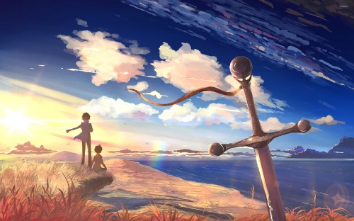 Image man and woman sitting on brown rock under blue sky during daytime