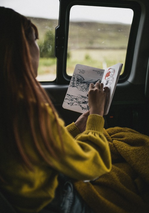 Image woman in yellow sweater reading book