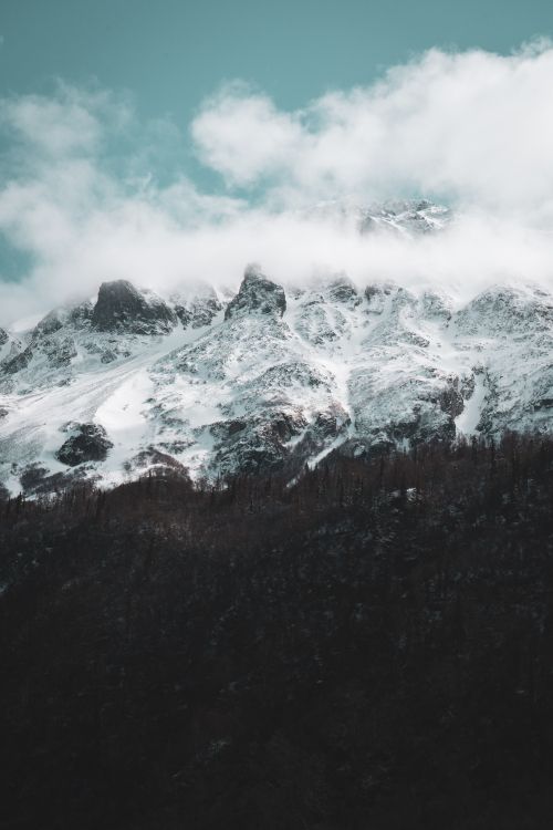 mountain, mountainous landforms, cloud, water, wave