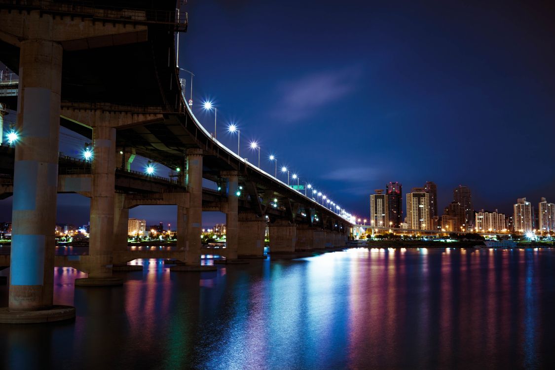 Nacht, Brücke, Blau, Wahrzeichen, Reflexion. Wallpaper in 5913x3942 Resolution