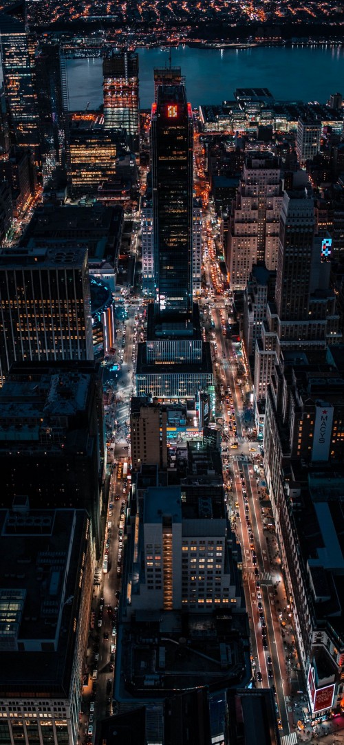 Image aerial view of city lights, empire state building, night, city, light