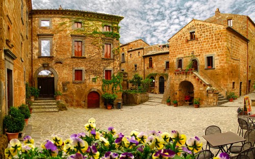 Image purple flower near brown brick building