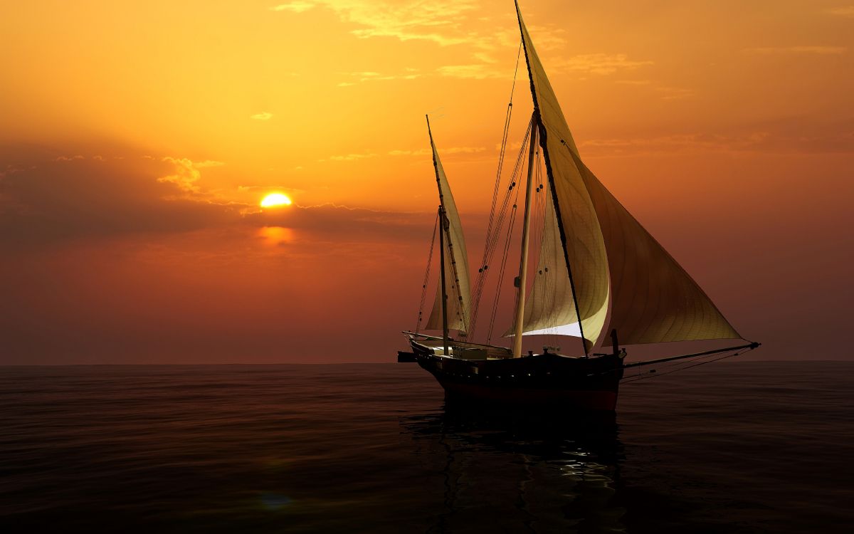 Silhouette Des Bootes Auf Dem Meer Bei Sonnenuntergang. Wallpaper in 3840x2400 Resolution