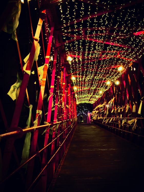 Red String Lights on Brown Wooden Bridge. Wallpaper in 3464x4616 Resolution