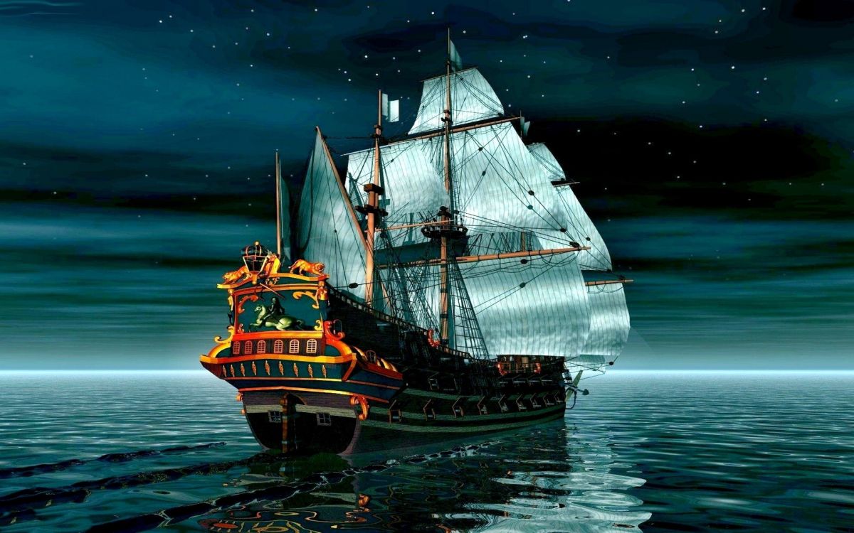 Braunes Und Schwarzes Galeonenschiff Auf See Während Der Nacht Night. Wallpaper in 2880x1800 Resolution