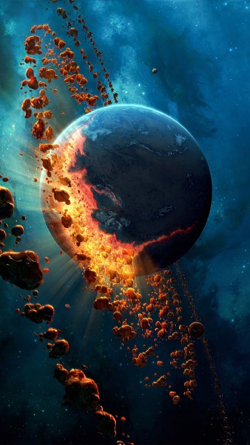 Image blue and orange planet with blue and white lights