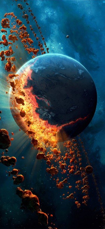 Image blue and orange planet with blue and white lights