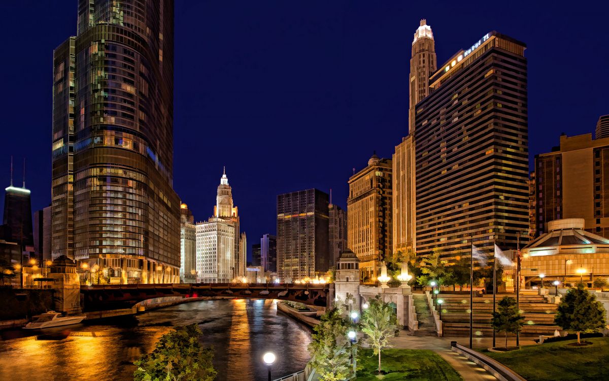 city buildings with lights turned on during night time