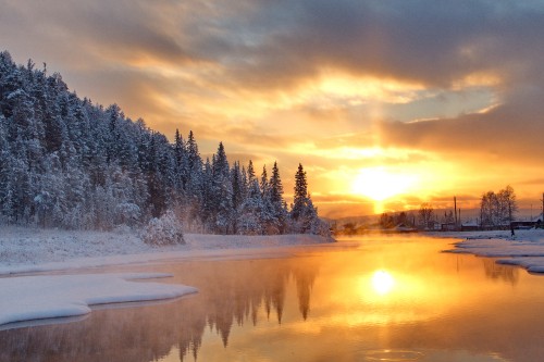 Image snow covered trees near body of water during sunset