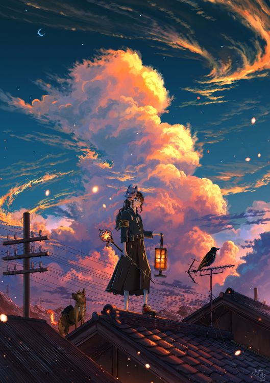 Anime, Anime-Kunst, Cloud, Gebäude, Afterglow. Wallpaper in 3632x5143 Resolution