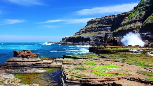 Image green and brown rock formation near body of water during daytime