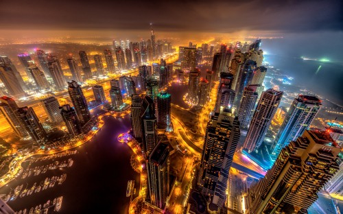 Image aerial view of city buildings during night time