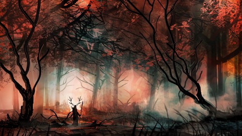 Image person standing on forest with fog