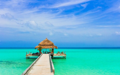 Image brown wooden dock on blue sea under blue sky during daytime