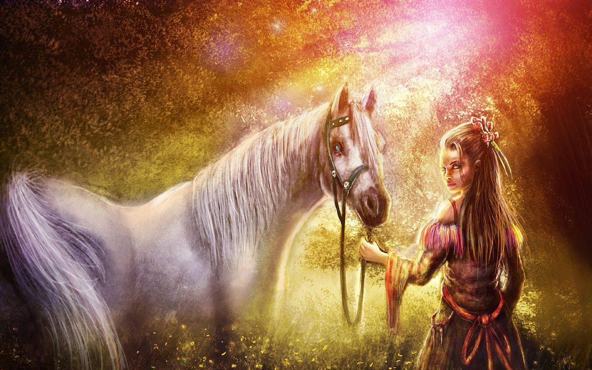 Mujer en Vestido Marrón Sosteniendo un Caballo Blanco Pintura. Wallpaper in 3840x2400 Resolution