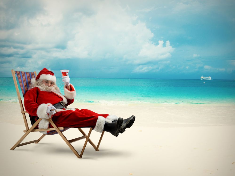 Santa Claus, Christmas Day, Beach, Sea, Vacation. Wallpaper in 5999x4500 Resolution